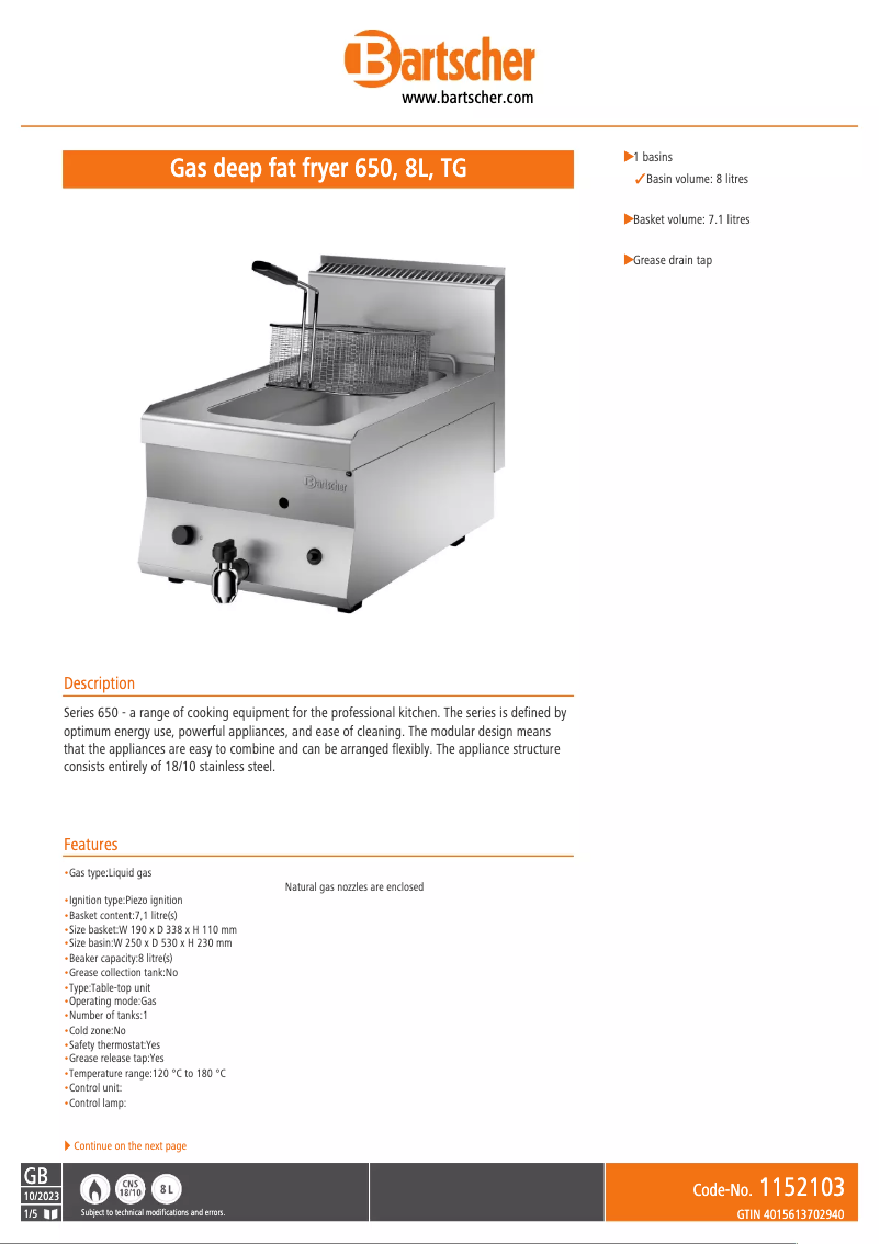 Page n°1 - Fiche technique Bartscher 1152103