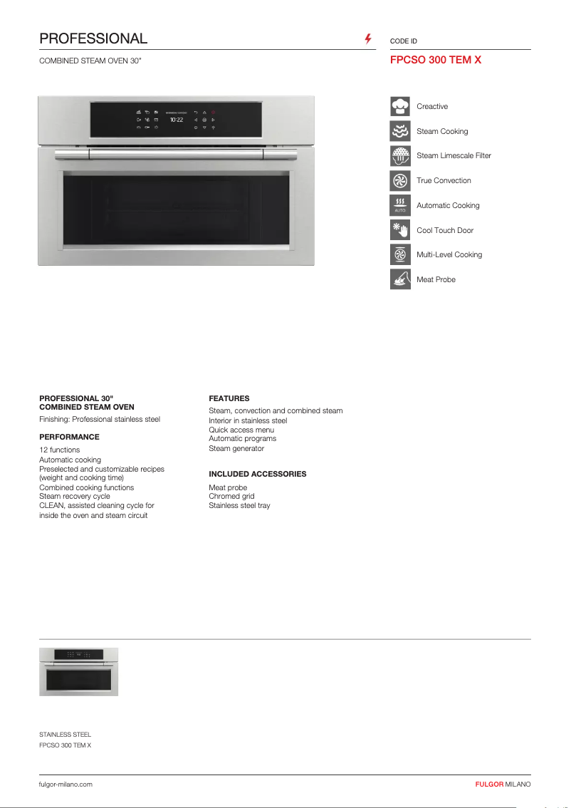 Page 1 de la notice Fiche technique Fulgor Milano FPCSO 300 TEM X