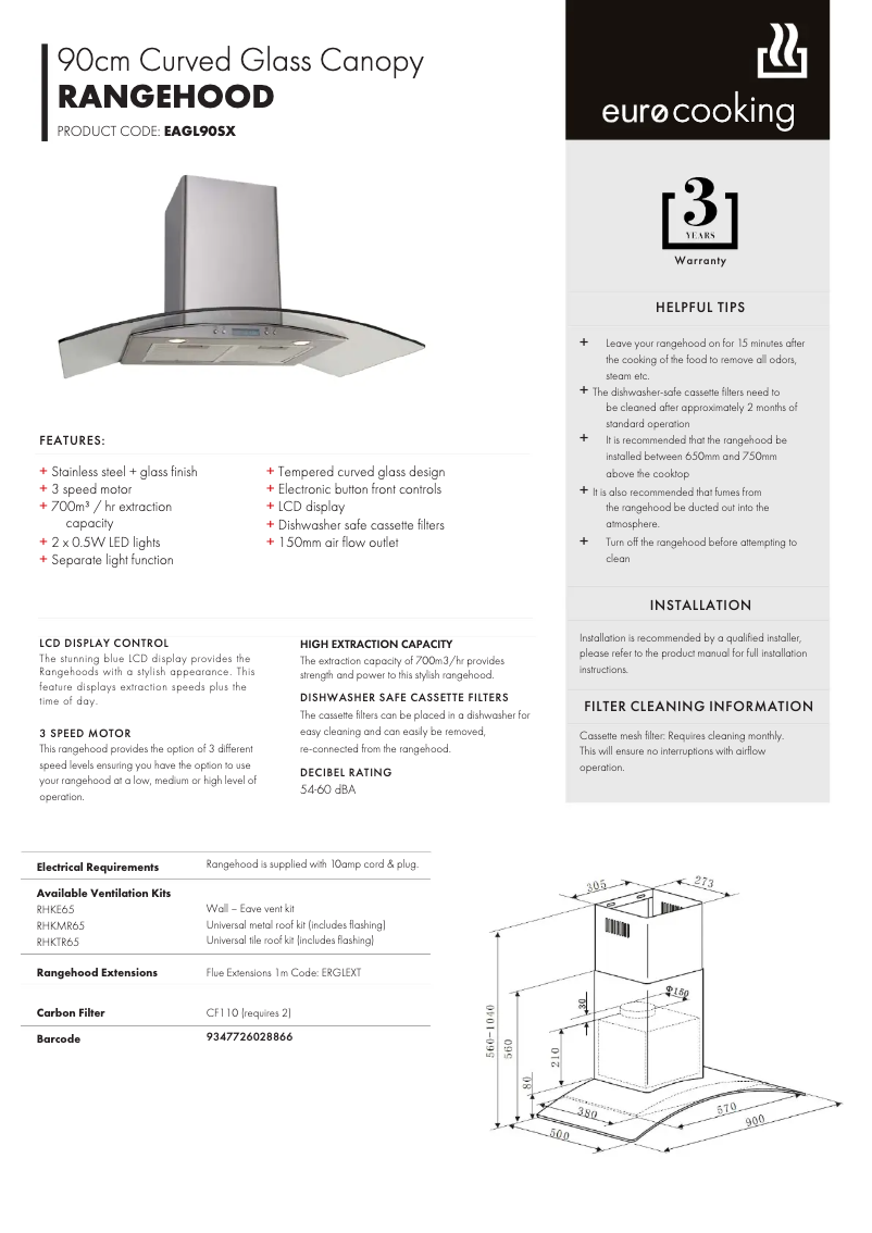 Page n°1 - Fiche technique Euro Appliances EAGL90SX