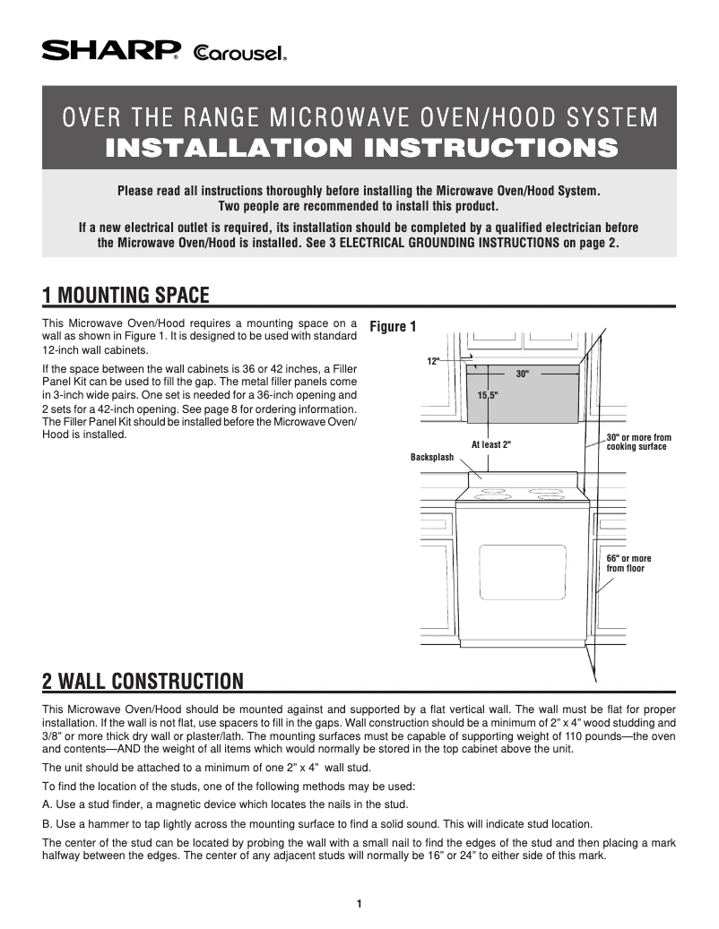 Page n°1 - Guide d'installation Sharp R1514TY