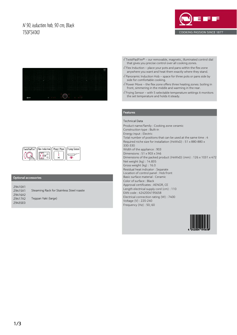 Página 1 del manual Ficha técnica Neff T50FS41X0