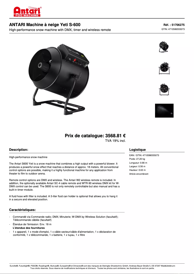 Page n°1 - Fiche technique Antari S-600
