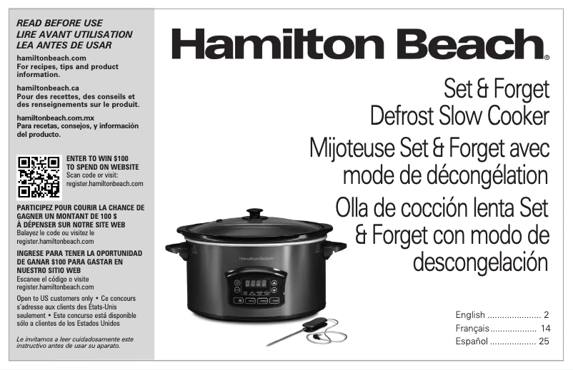 Page 1 de la notice Manuel utilisateur Hamilton Beach Set & Forget 33962