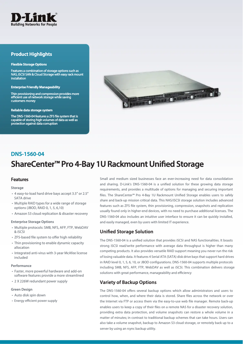 Page 1 de la notice Fiche technique D-Link DNS-1560-04