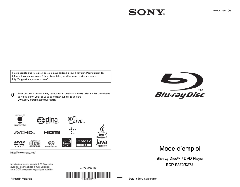 Page 1 de la notice Manuel utilisateur Sony BDP-S370
