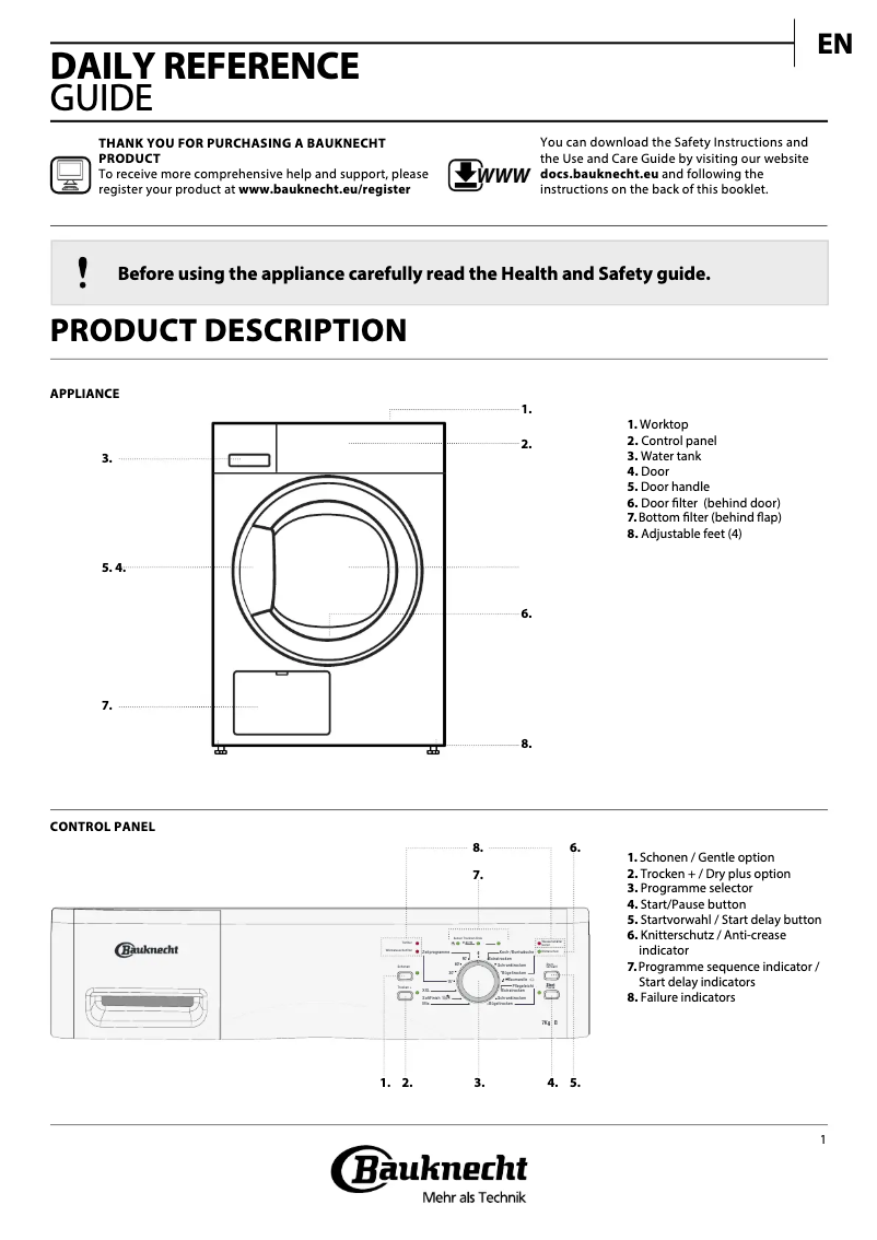 Page 1 de la notice Manuel utilisateur Bauknecht TK PLUS 75B SD