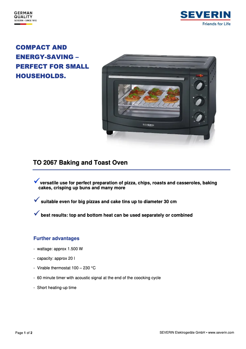 Page 1 de la notice Fiche technique Severin TO 2067