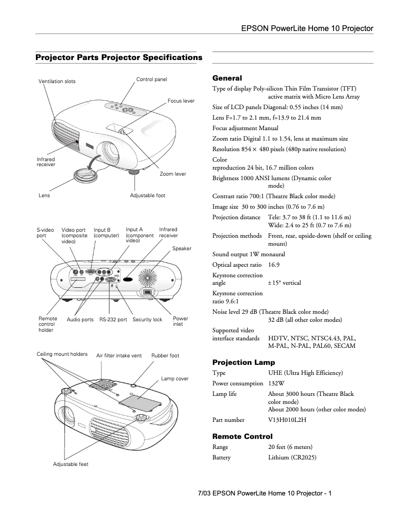 Imagen de la primera página del manual del dispositivo PowerLite Home 10