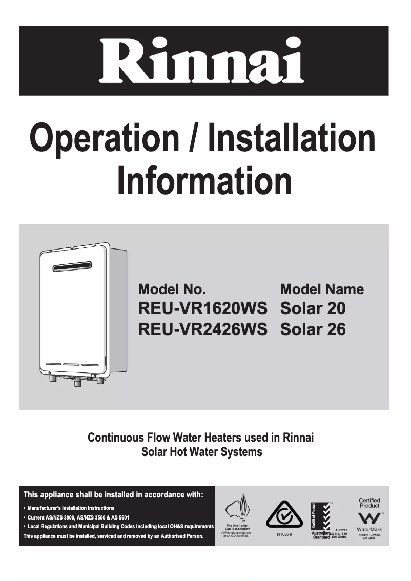Page n°1 - Manuel utilisateur Rinnai Solar 26