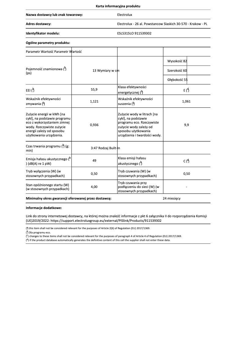 Page n°1 - Fiche technique Electrolux ESL5315LO