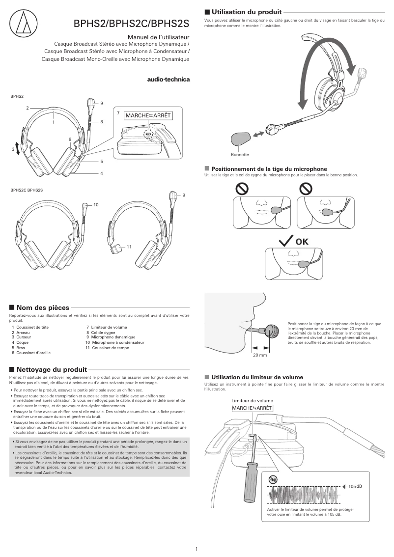 Page 1 de la notice Manuel utilisateur Audio-Technica BPHS2a