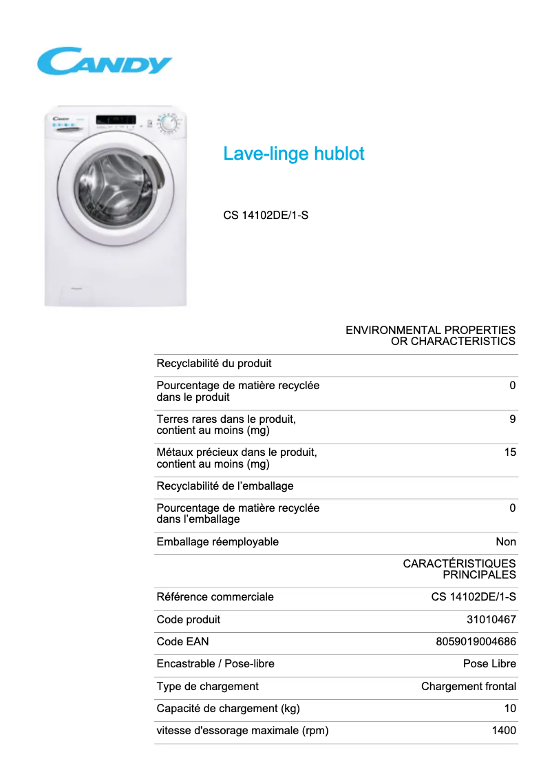 Page 1 de la notice Fiche technique Candy CS 14102DE/1-S