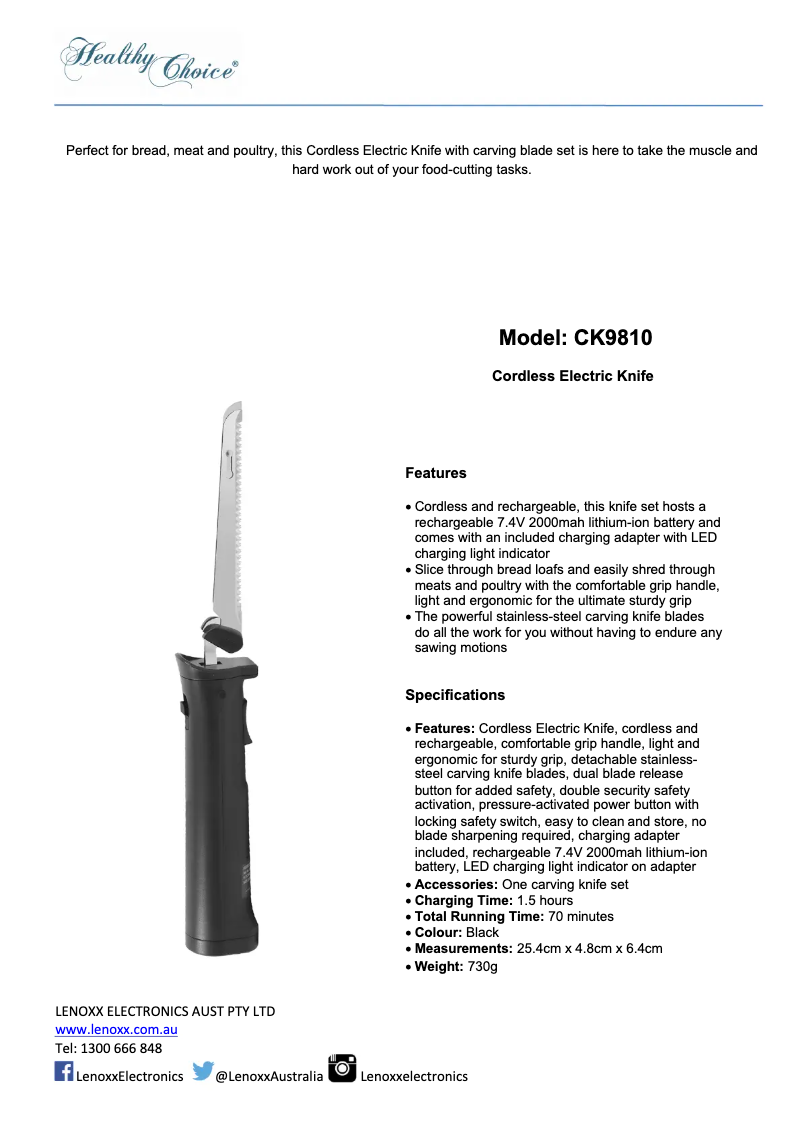 Page 1 de la notice Fiche technique Healthy Choice CK9810