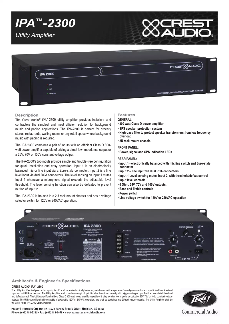 Page 1 de la notice Fiche technique Crest Audio IPA 2300