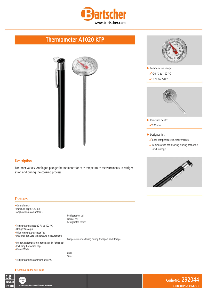 Page 1 de la notice Manuel utilisateur Bartscher A1020 KTP