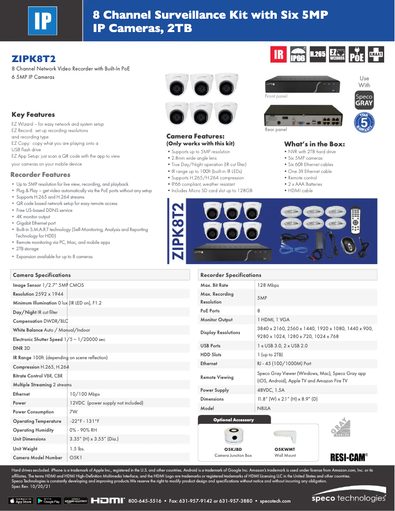 Página 1 del manual Ficha técnica Speco Technologies ZIPK8T2