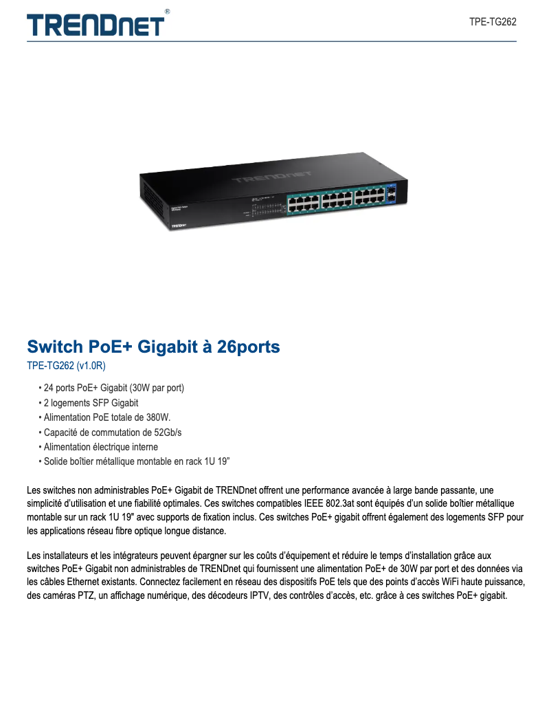 Page 1 de la notice Fiche technique TRENDnet TPE-TG262
