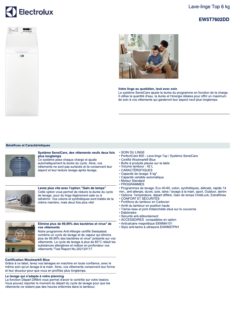 Page 1 de la notice Fiche technique Electrolux EW5T7602DD