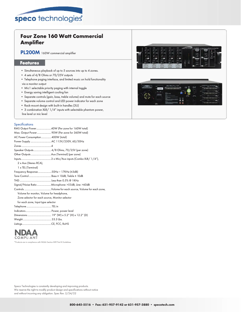 Página 1 del manual Ficha técnica Speco Technologies PL200M