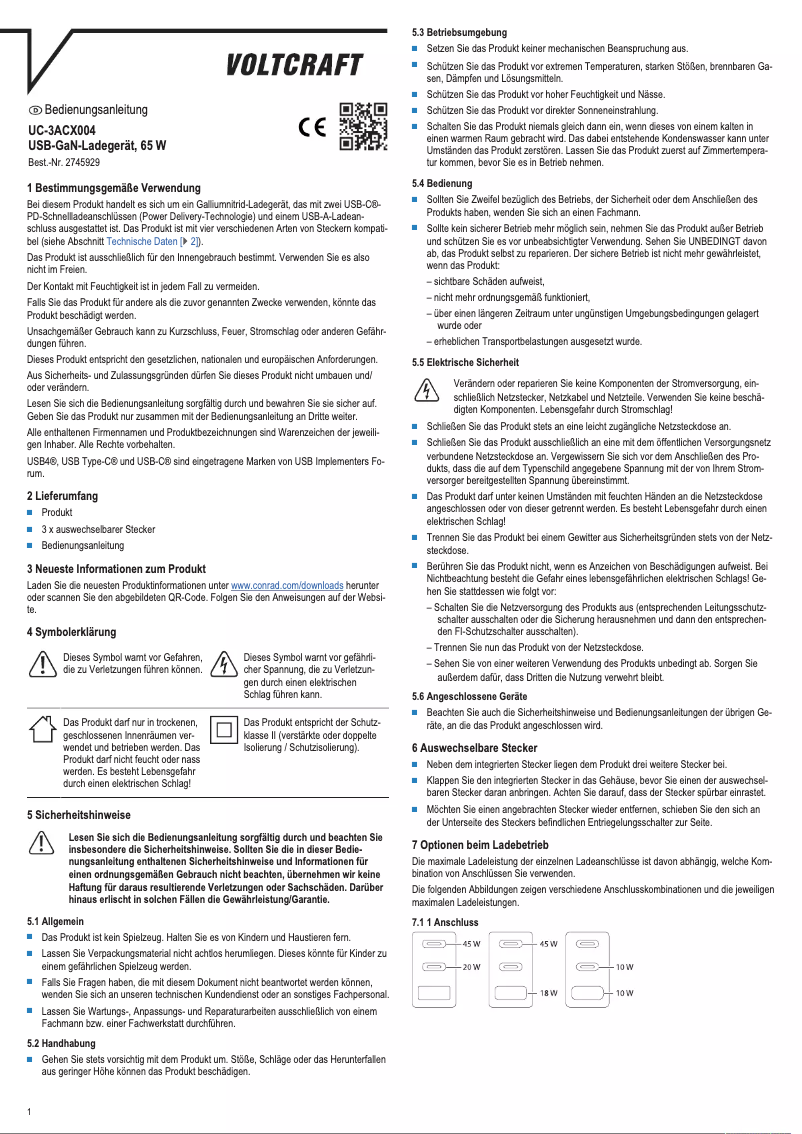 Page 1 de la notice Manuel utilisateur Voltcraft UC-3ACX004