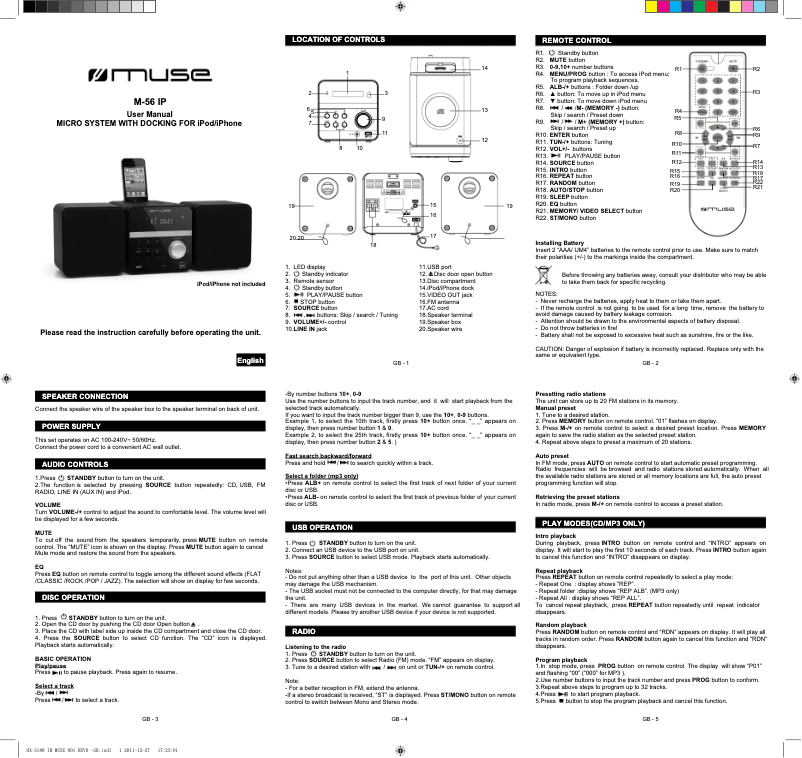 Page 1 de la notice Manuel utilisateur Muse M-56 IP