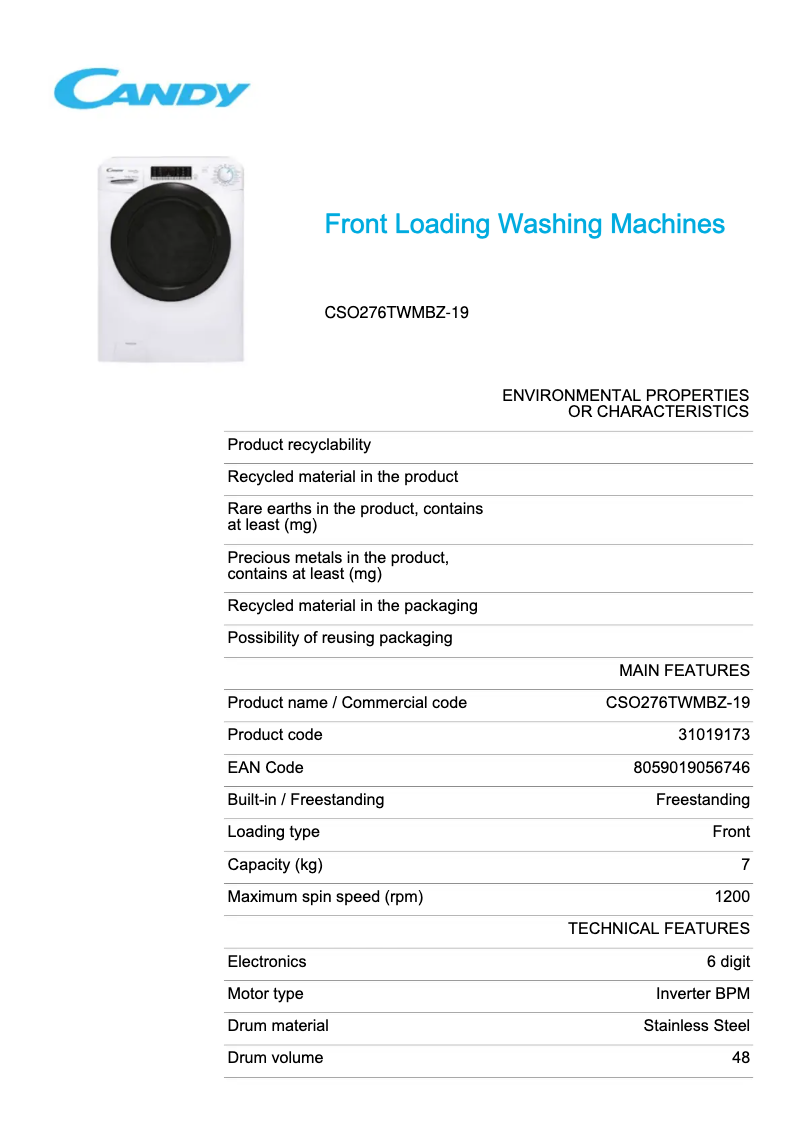 Page 1 de la notice Fiche technique Candy CSO276TWMBZ-19
