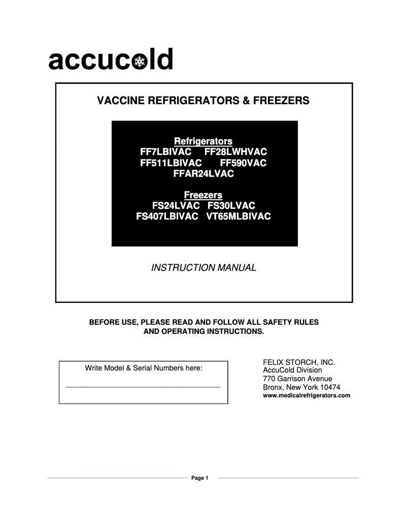 Page n°1 - Manuel utilisateur Accucold FS24LVAC