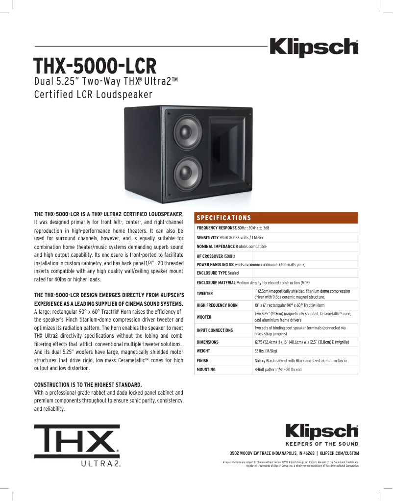 Página 1 del manual Ficha técnica Klipsch THX-5000-LCR