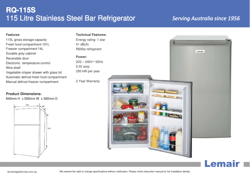 Page 1 de la notice Fiche technique Lemair RQ-115S