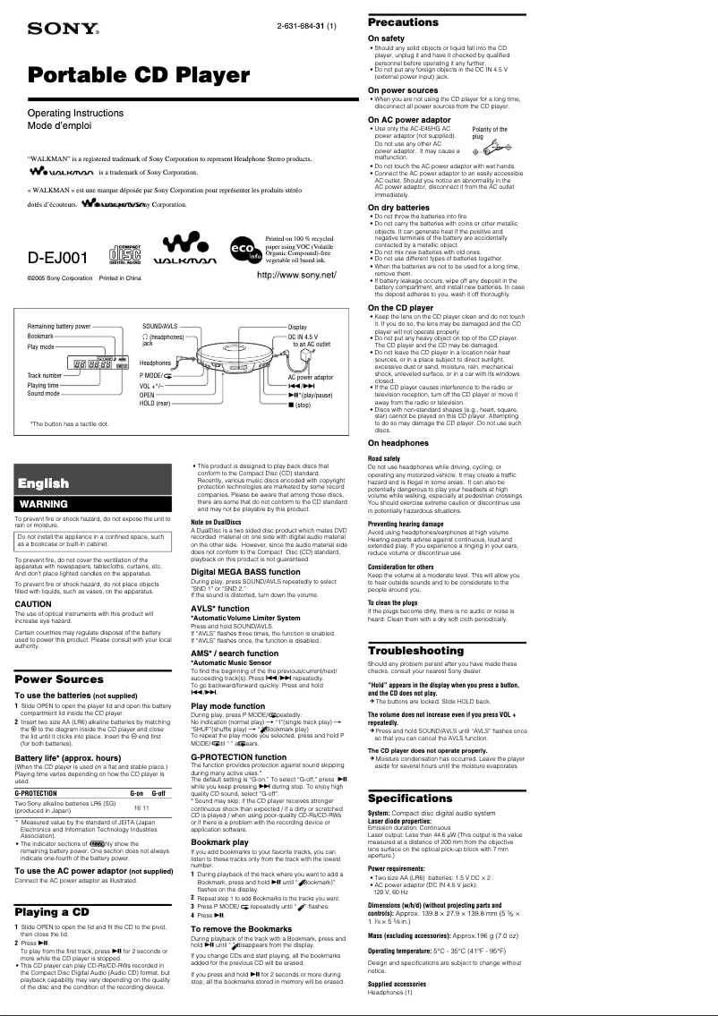 Página 1 del manual Manual de usuario Sony Walkman D-EJ001