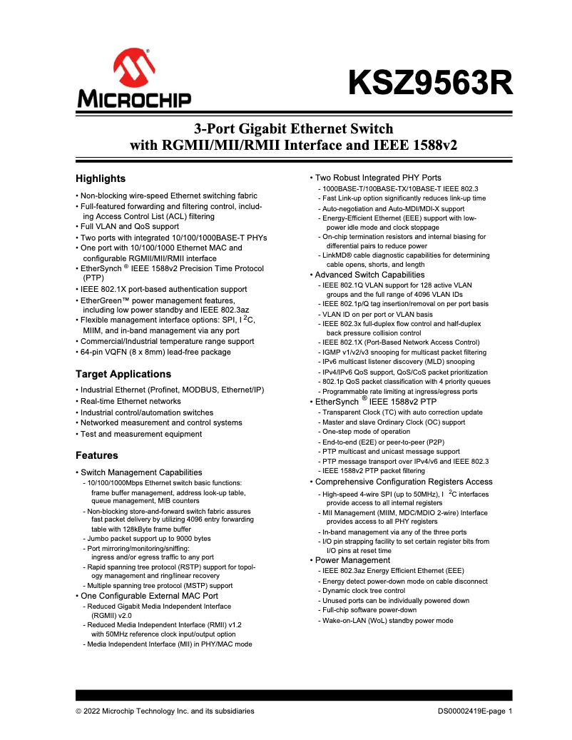 Page 1 de la notice Fiche technique Microchip KSZ9563