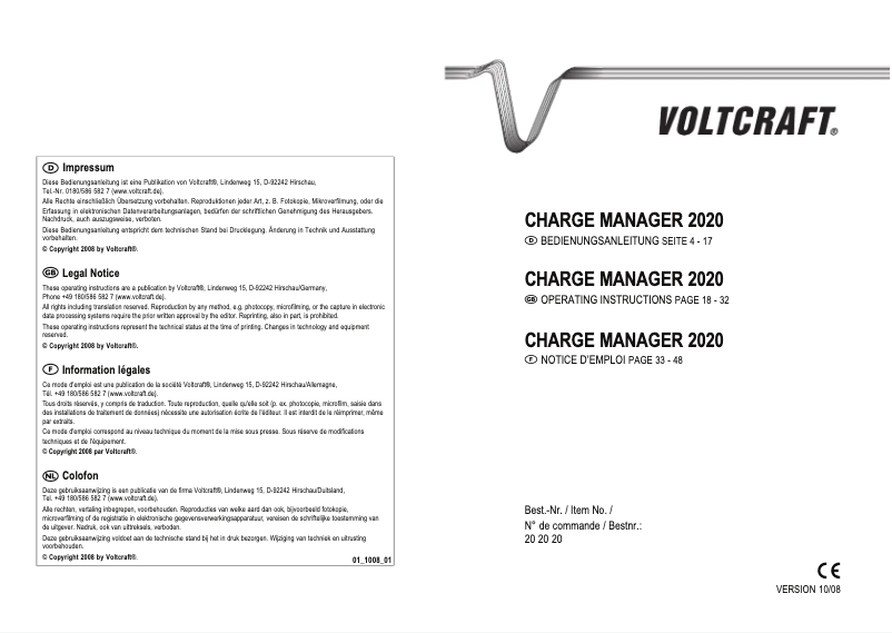 Page 1 de la notice Manuel utilisateur Voltcraft Charge Manager 2020