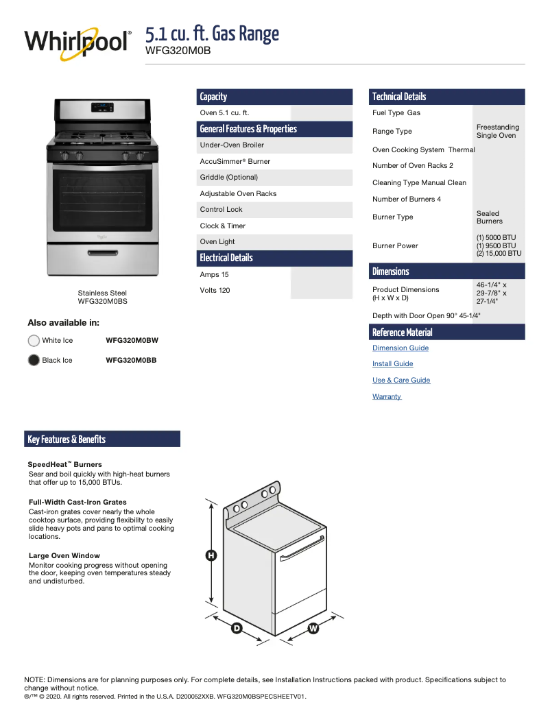 Page 1 de la notice Fiche technique Whirlpool WFG320M0BB