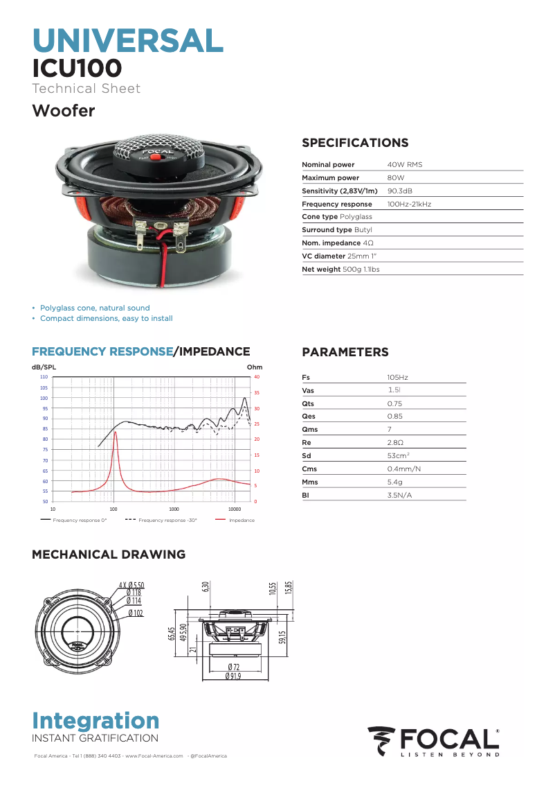 Page 1 de la notice Fiche technique Focal ICU 100