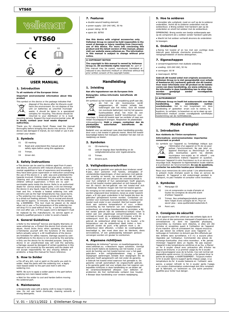 Page n°1 - Manuel utilisateur Velleman VTS60