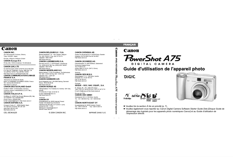 Image de la première page du manuel de l'appareil Powershot A75