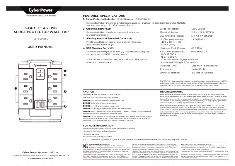 Page 1 de la notice Manuel utilisateur CyberPower CSP600WSU