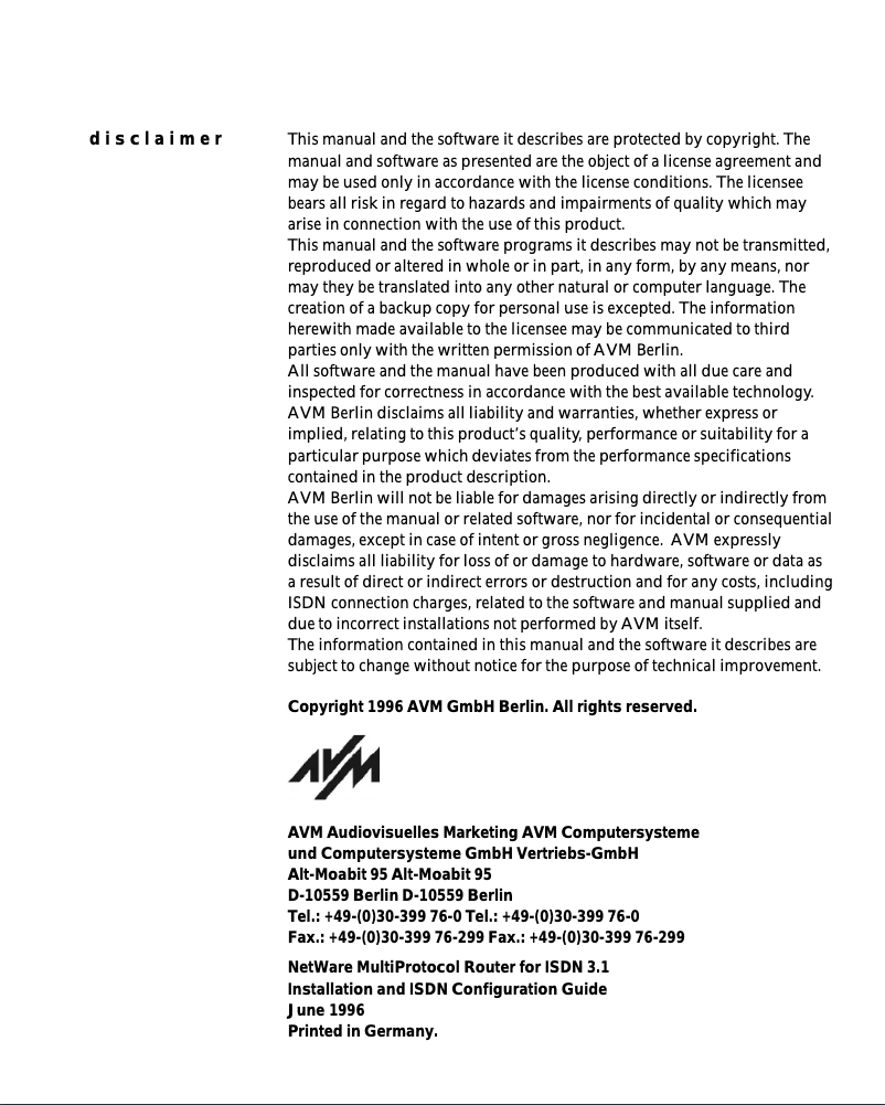 Page n°1 - Manuel utilisateur AVM NetWare MultiProtocol Router for ISDN