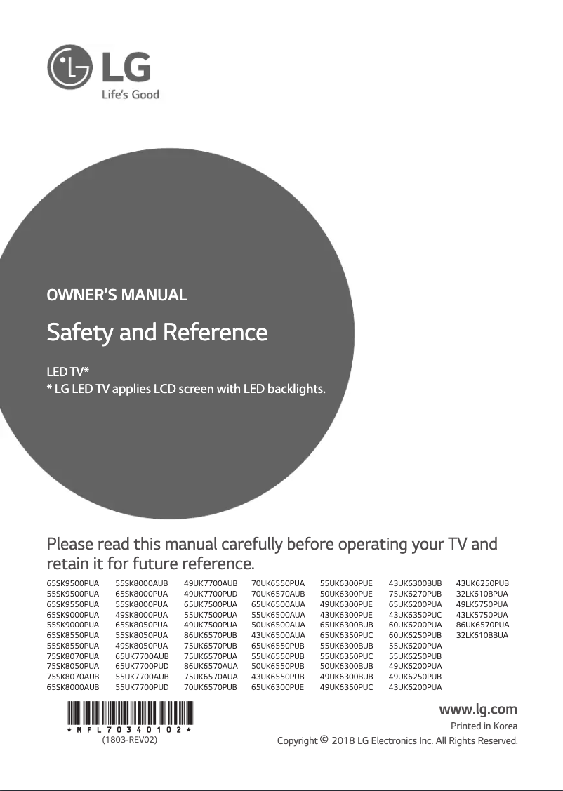 Page 1 de la notice Manuel utilisateur LG 55SK8000AUB