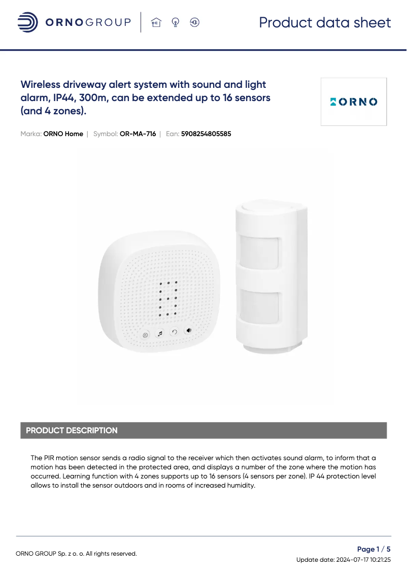 Page 1 de la notice Fiche technique ORNO OR-MA-716