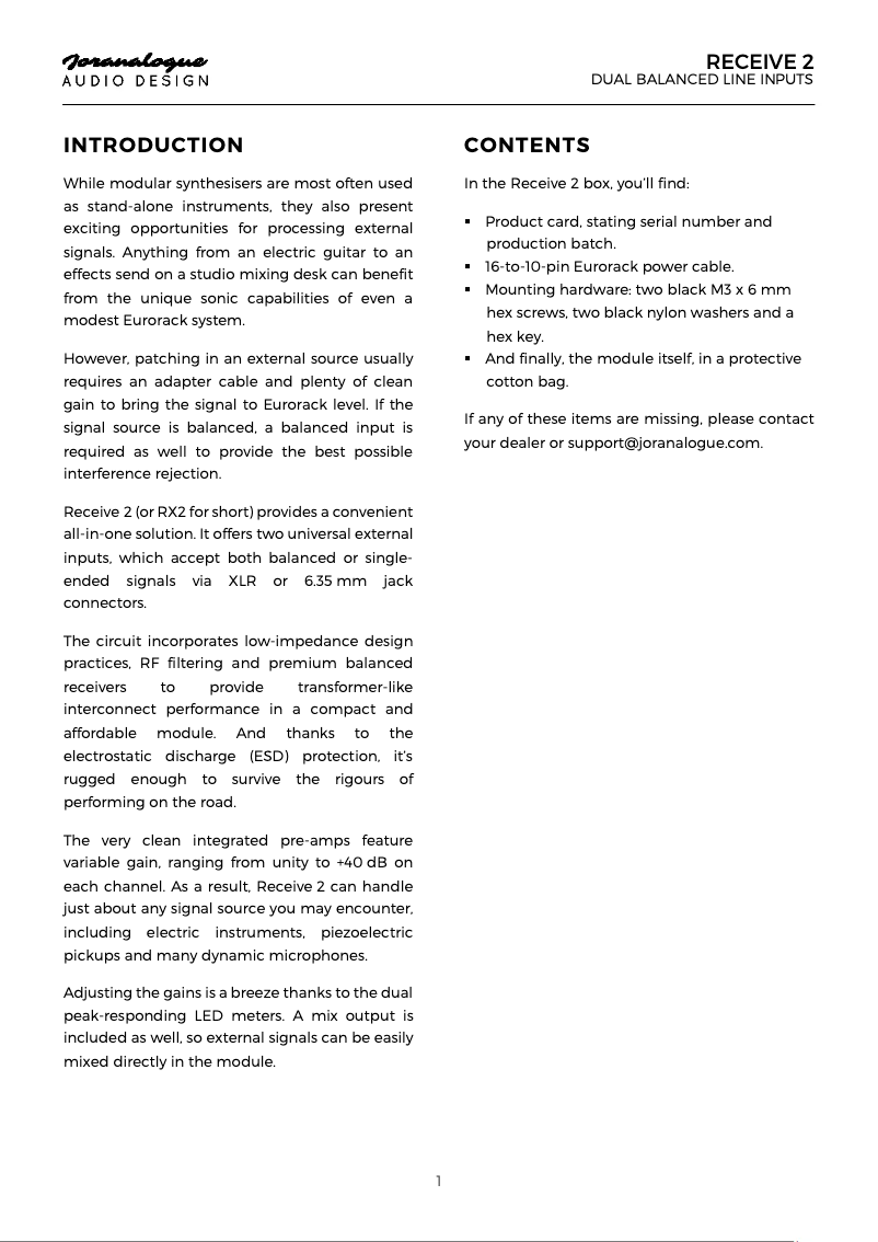 Page 1 de la notice Manuel utilisateur Joranalogue Receive 2