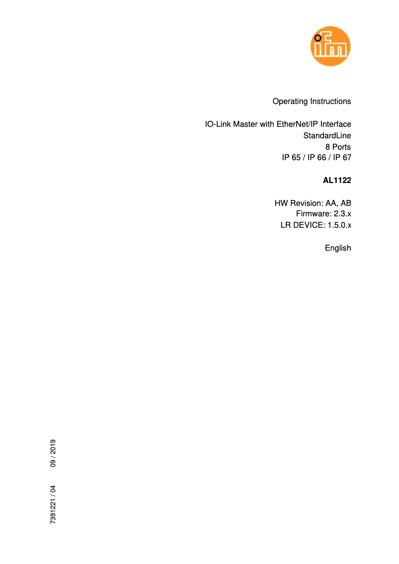 Page 1 de la notice Manuel utilisateur IFM AL1122