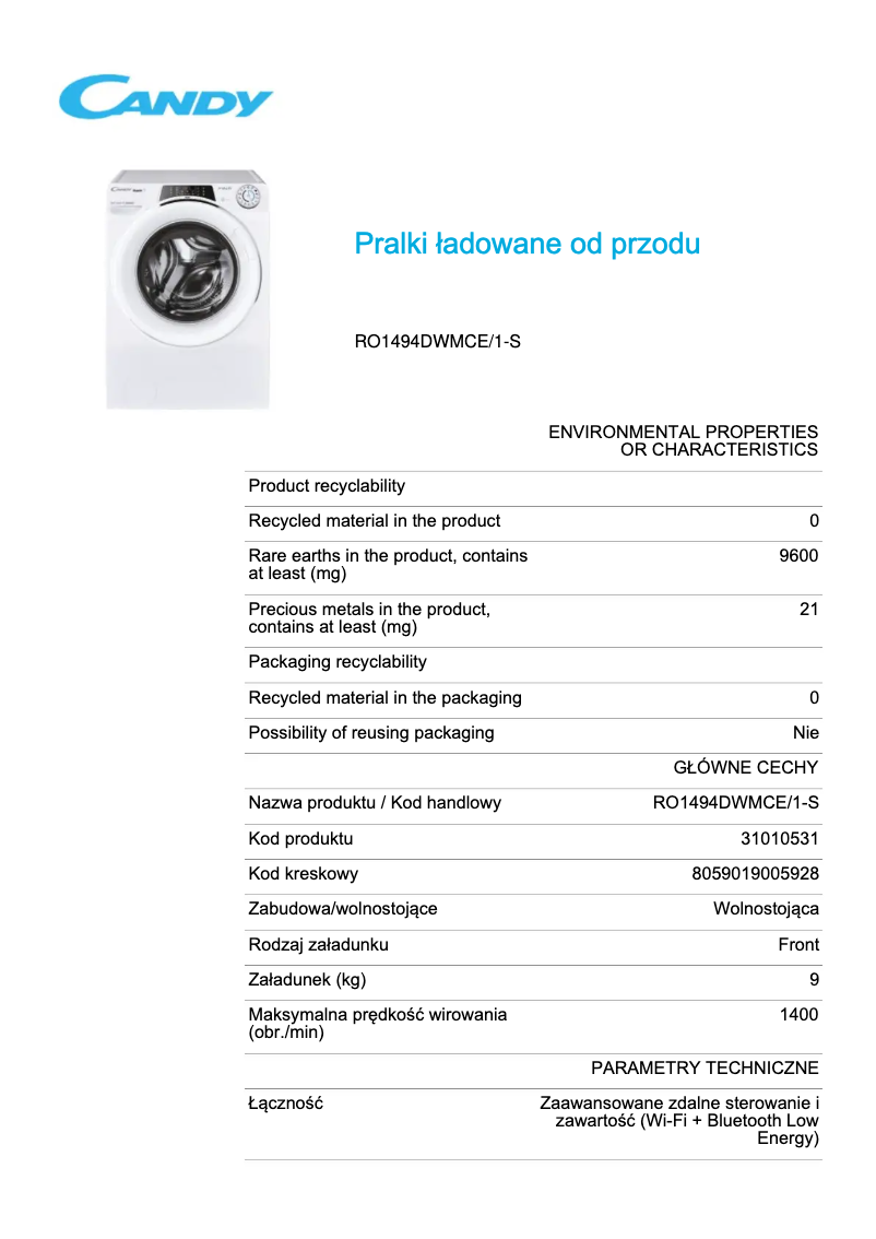 Page 1 de la notice Fiche technique Candy RO1494DWMCE/1-S