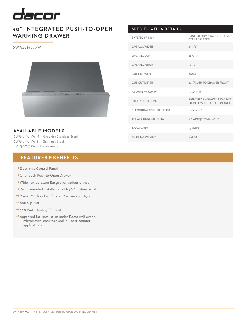 Page 1 de la notice Fiche technique Dacor Modernist DWR30M977WIS