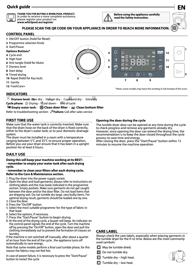 Page 1 de la notice Manuel d'utilisation et d'entretien Whirlpool FFT M22 8X3B SPT
