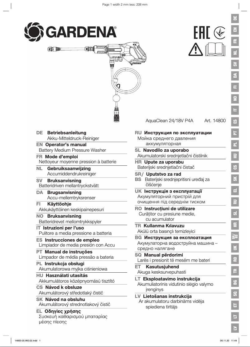 Page 1 de la notice Manuel utilisateur Gardena AquaClean 24/18V P4A