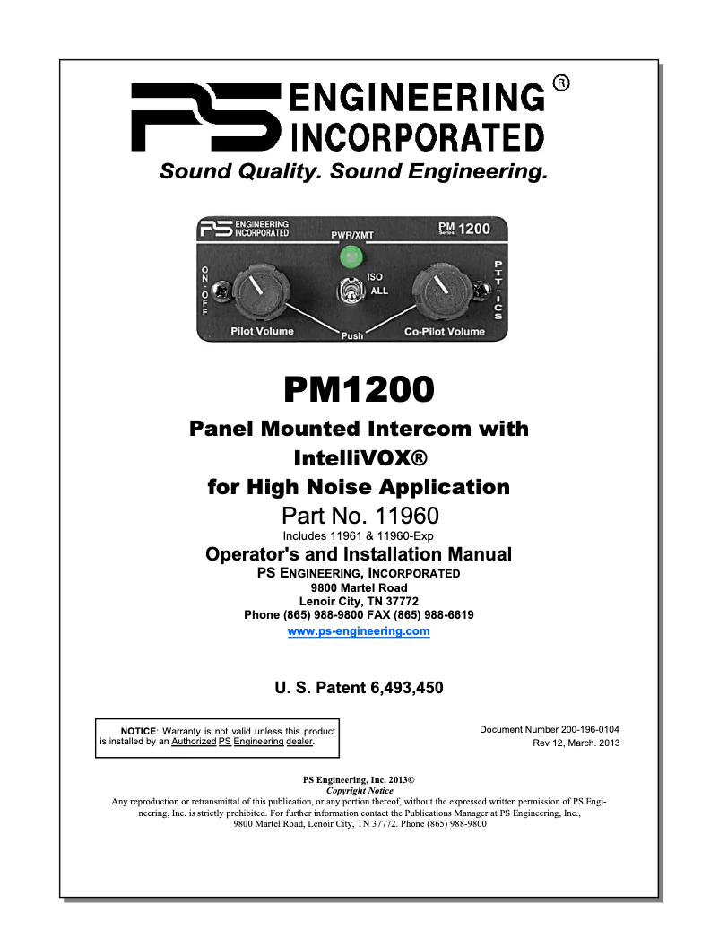 Page n°1 - Manuel utilisateur PS Engineering PM1200