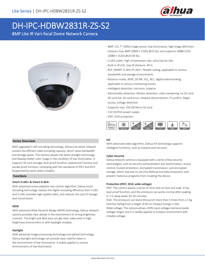 Page 1 de la notice Fiche technique Dahua Technology IPC-HDBW2831R-ZS-S2