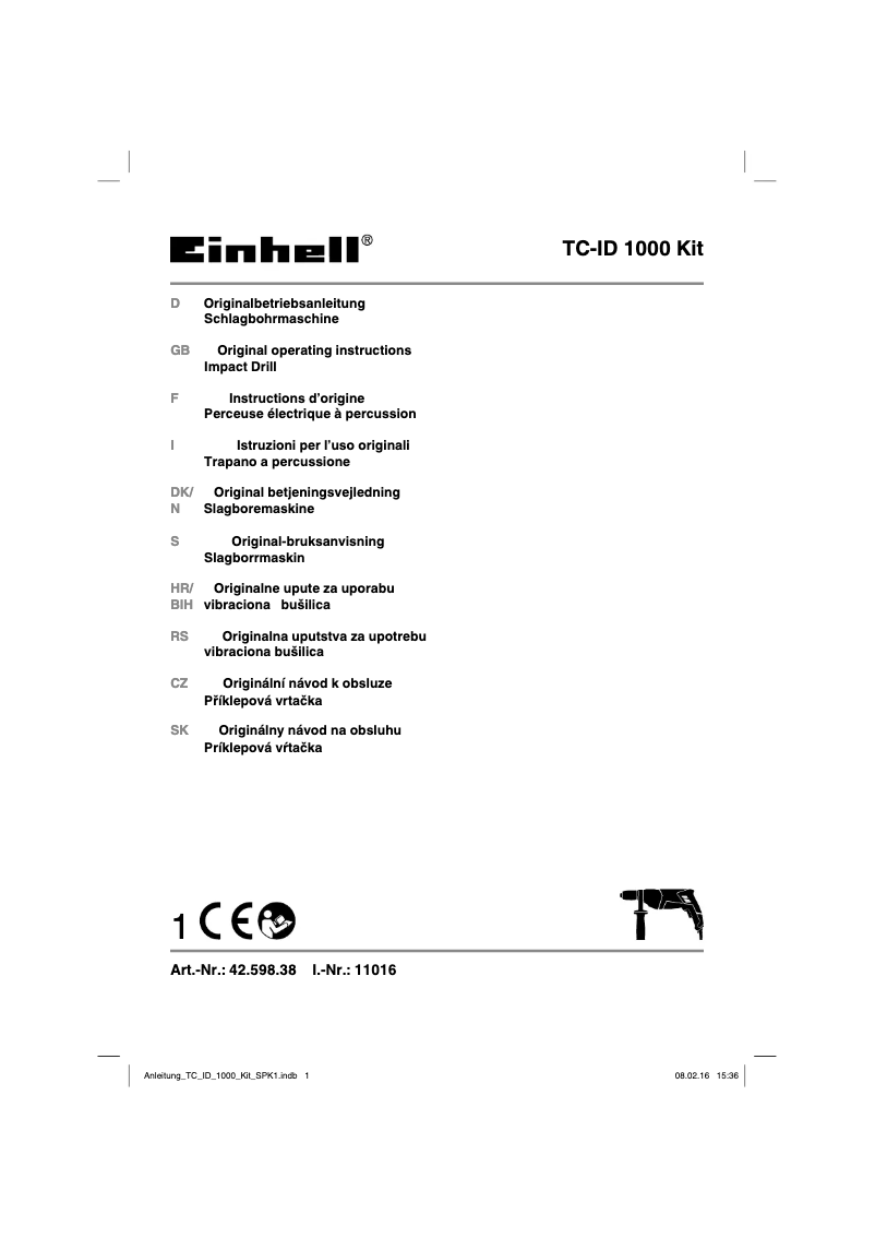 Page 1 de la notice Manuel utilisateur Einhell TC-ID 1000 Kit