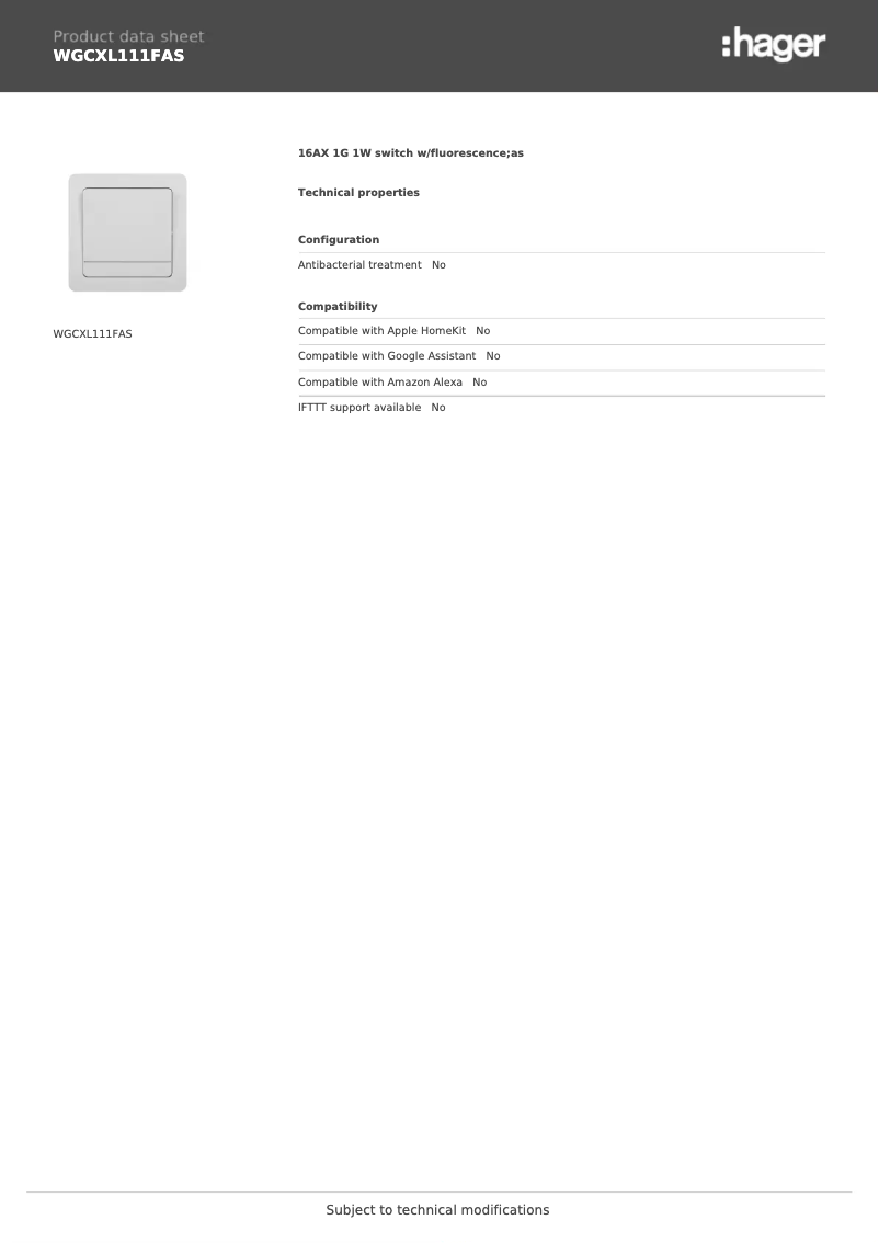 Page 1 de la notice Fiche technique Hager WGCXL111FAS